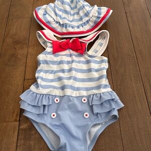 Gymboree Blue and White Striped One Piece with Red Bow